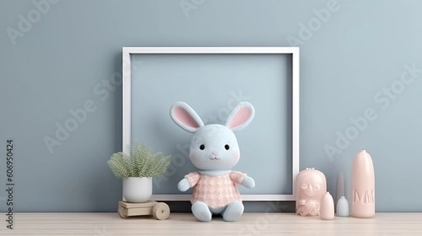 Fototapeta Taunt tv outline with charming rabbit doll 3d insides rendering plan. Creative resource, AI Generated