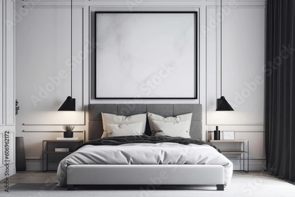 Fototapeta A cozy bedroom featuring a mockup poster frame with a canvas print and patterned pillows and blankets. The lighting and greenery make the atmosphere relaxing. This mockup is AI generative.