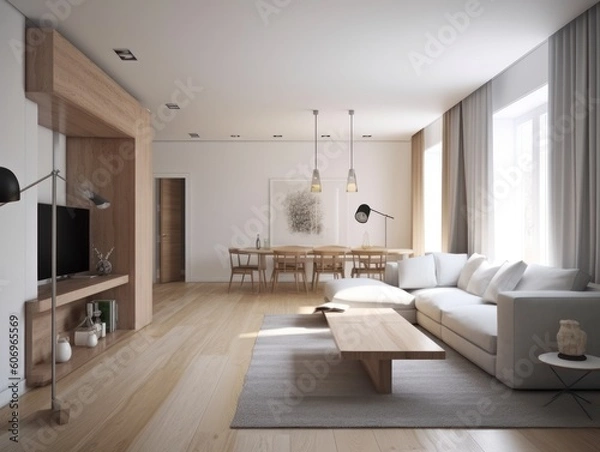Fototapeta Minimal white modern living room with modern comfortable furniture. Generative AI