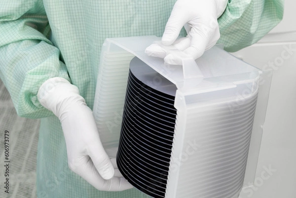 Fototapeta Gloved Hand Holding a Silicon Wafer in plastic holder box used in electronics for the fabrication of integrated circuits. Silicon wafer inspection.