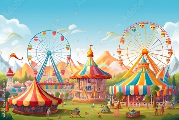 Fototapeta two ferris wheels, colorful tents and bright carousel on summer carnival, Generative AI