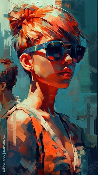 Fototapeta Beautiful girl in sunglasses, in the style of severe work with a palette knife, orange and indigo, precision art created with Generative AI technology