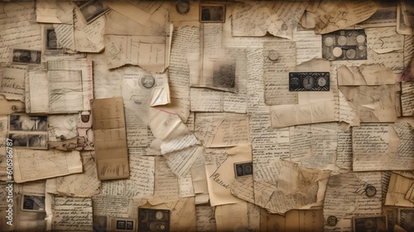 Fototapeta Family tree concept, dna, genes, ancestors. Old vintage background from a lot of letters and documents. AI generated Generative AI