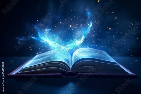 Fototapeta Open book with glowing light beam on dark background. Fantasy concept, generative Ai