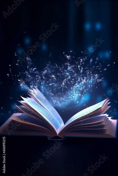 Fototapeta Open book with flying pages and rays of light on dark background, generative Ai