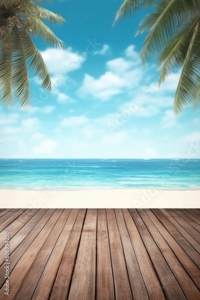 Fototapeta Wooden floor and coconut palm tree on the beach with sky background, generative Ai