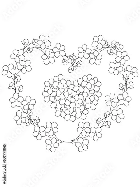 Obraz Vector illustration of floral valentines heart isolated on white background. Coloring page for children and adult.