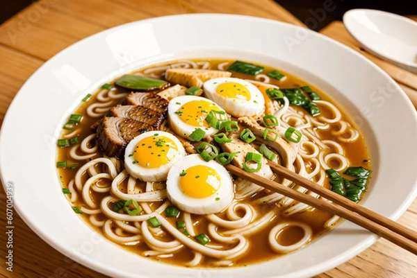 Fototapeta ramen noodle soup with pork generative AI