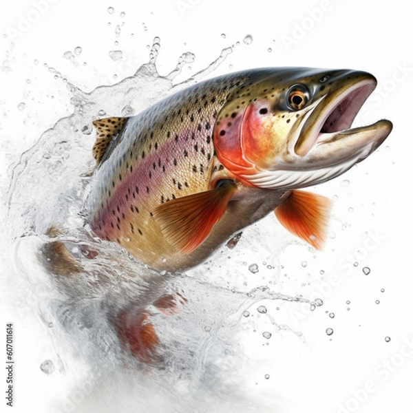 Fototapeta Dynamic Motion of a Rainbow Trout in White Background, generated by IA 