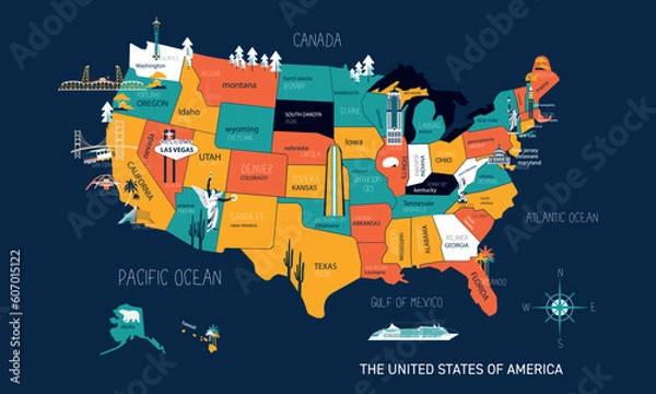 Obraz Poster map of United States of America with state names. USA cartoon travel map vector illustration of geographic themes with landmarks, cities, roadmap. Infographic concept with country navigator.