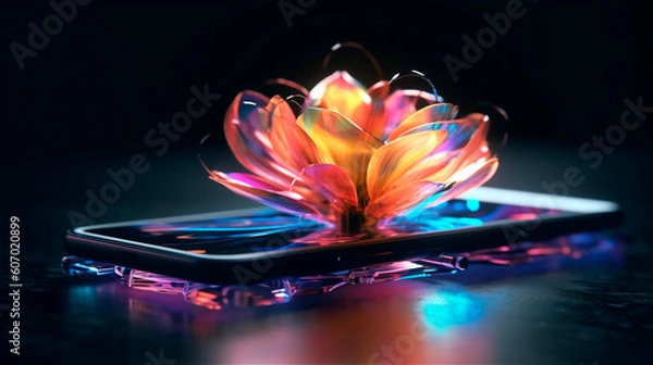 Fototapeta holographic flowers come out of a smartphofe, generative AI