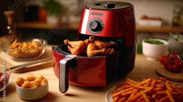 Obraz Red air fryer or oil free fryer appliance on the wooden table in the modern kitchen with fried chicken wings and fried chicken wings on plates, Generative AI
