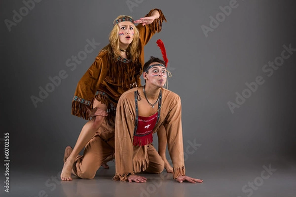 Fototapeta Couple of funny american indian characters at studio