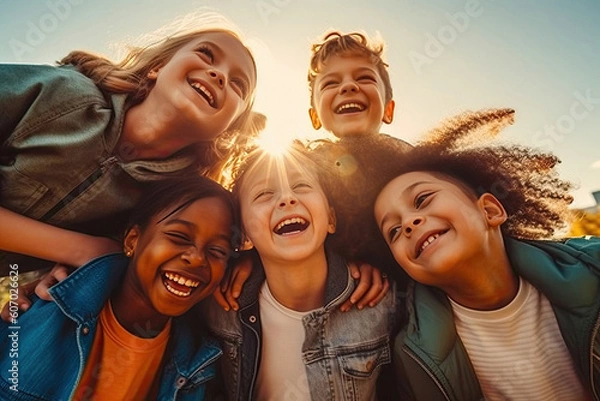 Obraz Group of diverse cheerful fun happy multiethnic children outdoors created with Generative AI technology