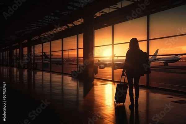 Fototapeta Woman silhouette holding hand luggage with view out of airport window at sunrise. Traveling vacation backgrounds. Generative AI.