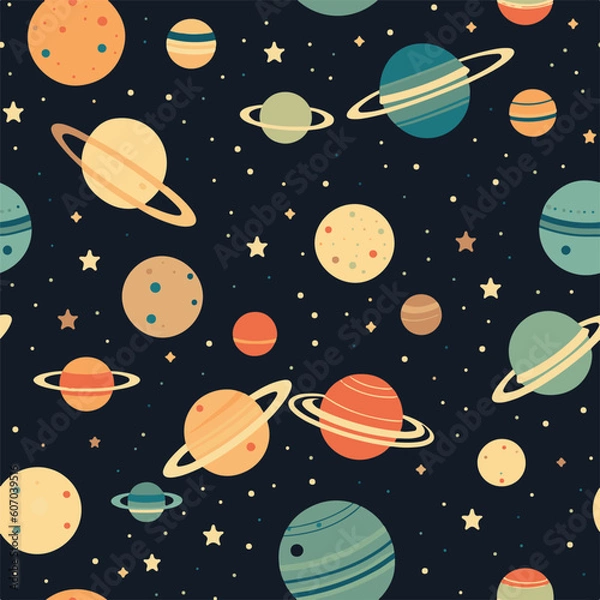 Fototapeta Planet in solar system for seamless pattern in hand draw doodle style and colorful