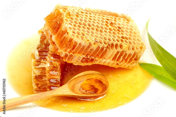 Fototapeta Close up honeycombs on white background.