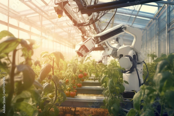 Fototapeta Robotic arm working in the smart farming tomato plantation with Ai Generated 