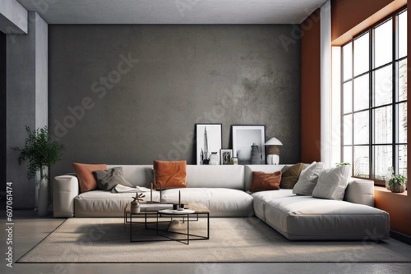 Fototapeta A living room with a large wall that has a plant in it and a couch.