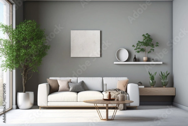 Obraz A living room with a large wall that has a plant in it and a couch.
