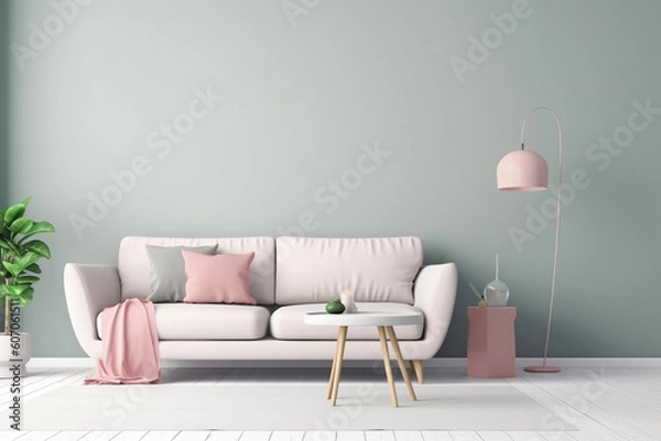 Fototapeta A living room with a large wall that has a plant in it and a couch.