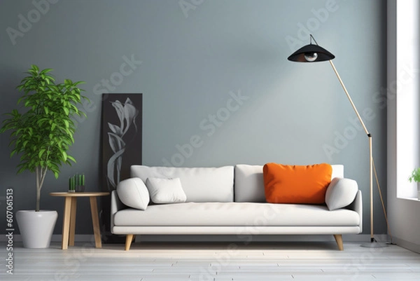 Fototapeta A living room with a large wall that has a plant in it and a couch.
