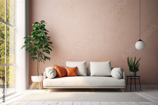 Fototapeta A living room with a large wall that has a plant in it and a couch.