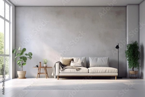 Fototapeta A living room with a large wall that has a plant in it and a couch.