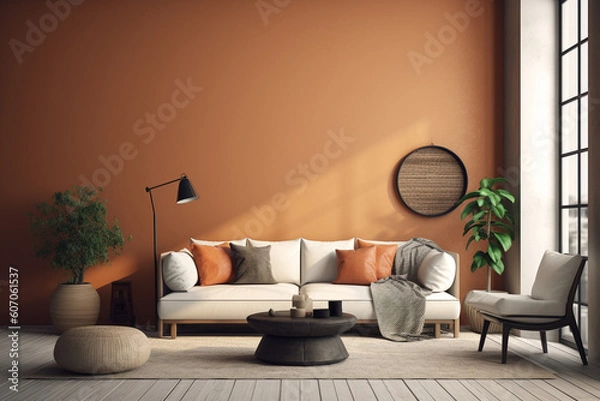 Fototapeta A living room with a large wall that has a plant in it and a couch.