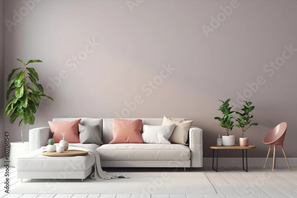 Fototapeta A living room with a large wall that has a plant in it and a couch.
