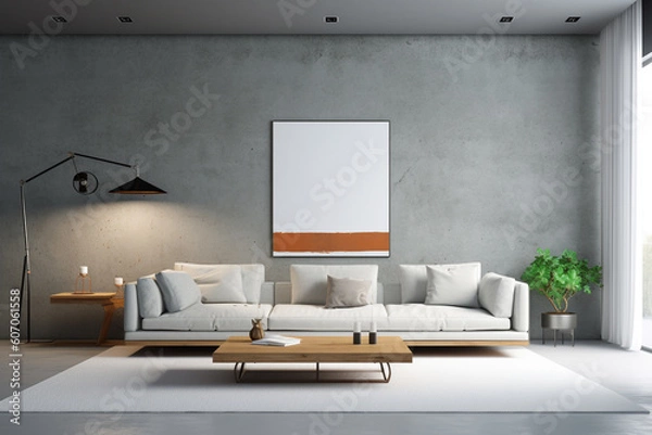 Fototapeta A living room with a large wall that has a plant in it and a couch.
