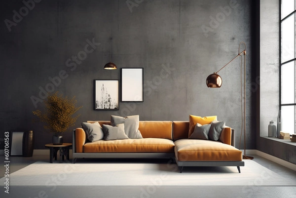 Fototapeta A living room with a large wall that has a plant in it and a couch.