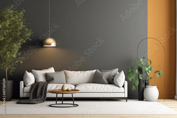 Fototapeta A living room with a large wall that has a plant in it and a couch.