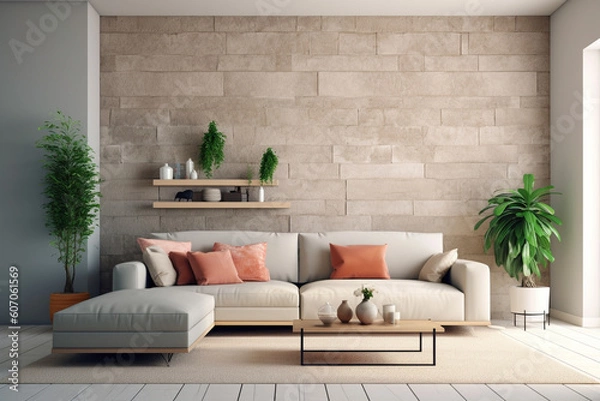 Fototapeta A living room with a large wall that has a plant in it and a couch.