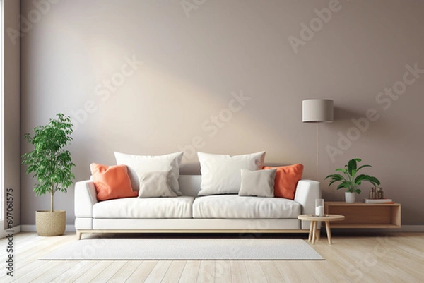 Fototapeta A living room with a large wall that has a plant in it and a couch.