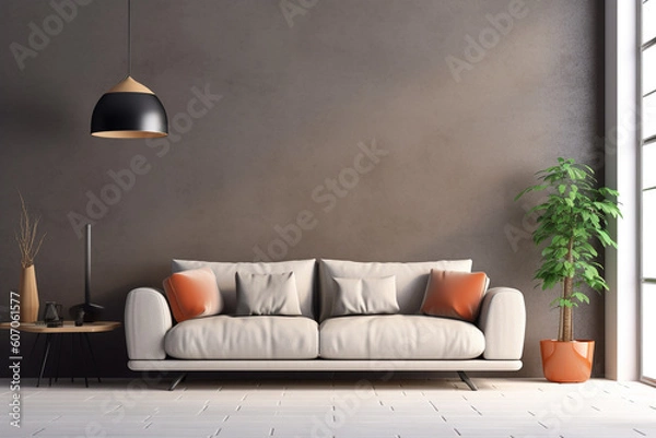 Fototapeta A living room with a large wall that has a plant in it and a couch.