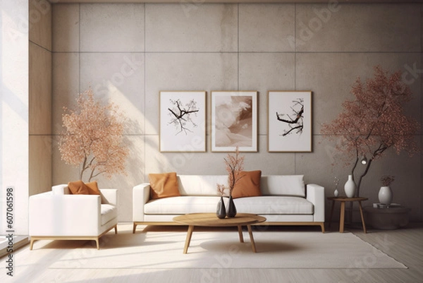 Fototapeta A living room with a large wall that has a plant in it and a couch.