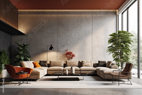 Fototapeta A living room with a large wall that has a plant in it and a couch.
