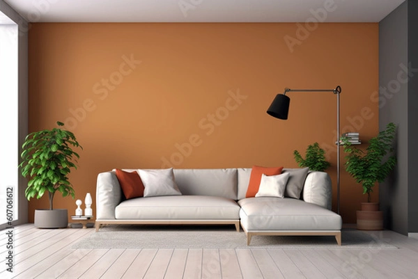 Fototapeta A living room with a large wall that has a plant in it and a couch.