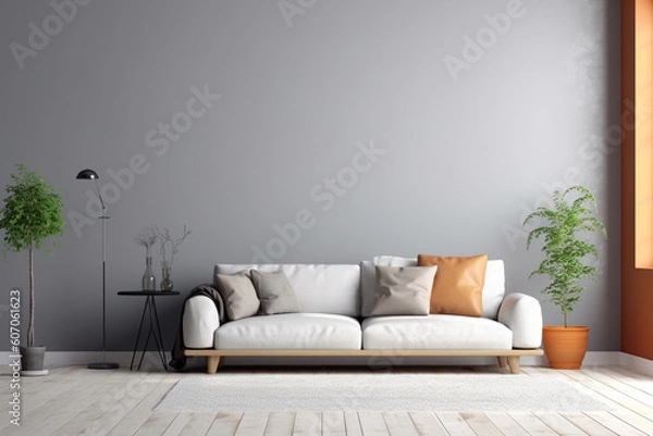 Fototapeta A living room with a large wall that has a plant in it and a couch.
