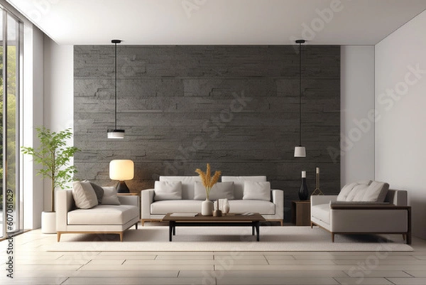 Fototapeta A living room with a large wall that has a plant in it and a couch.