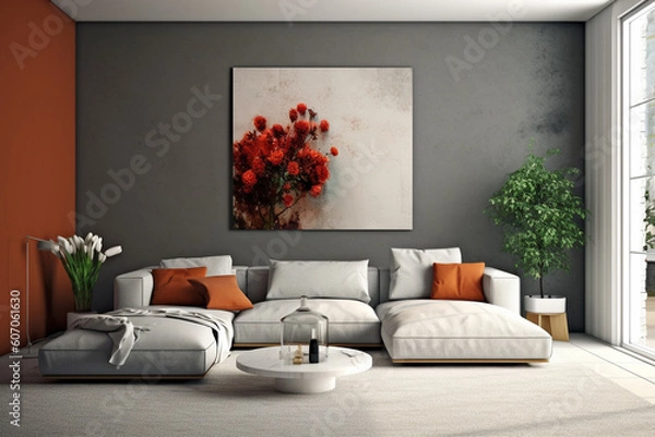 Fototapeta A living room with a large wall that has a plant in it and a couch.