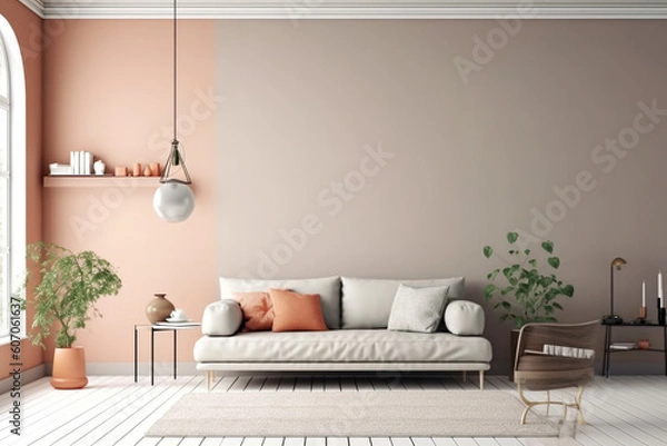Fototapeta A living room with a large wall that has a plant in it and a couch.