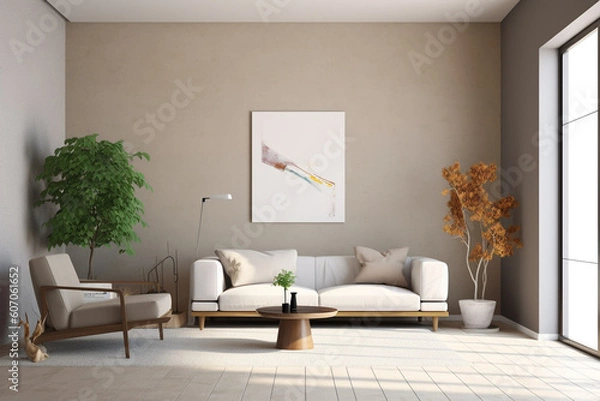Fototapeta A living room with a large wall that has a plant in it and a couch.