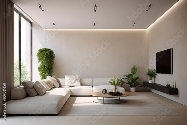 Fototapeta A living room with a large wall that has a plant in it and a couch.