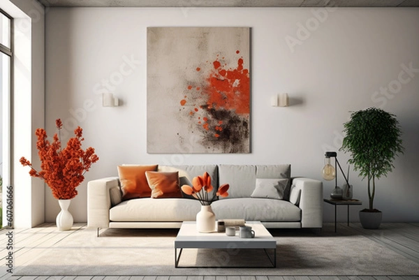 Fototapeta A living room with a large wall that has a plant in it and a couch.