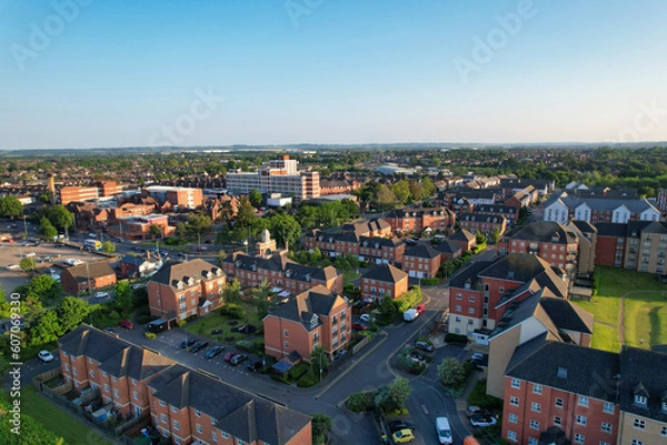 Fototapeta Gorgeous Aerial View of Central Bedford City of England Great Britain of UK. The Downtown's photo Was Captured with Drone's Camera from Medium Altitude from River Great Ouse on 27-May-2023. 