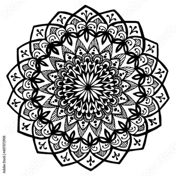 Fototapeta Hand drawn mandala pattern with heart and flower shaped elements. Black lines on white background. Coloring page for mindfulness meditation and positive attitude.