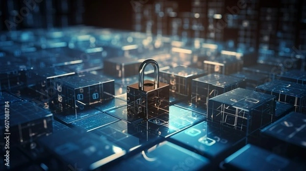 Fototapeta A padlock representing tecnology information security, data server center,  illustrative image programming codes, security concept, generative ai.