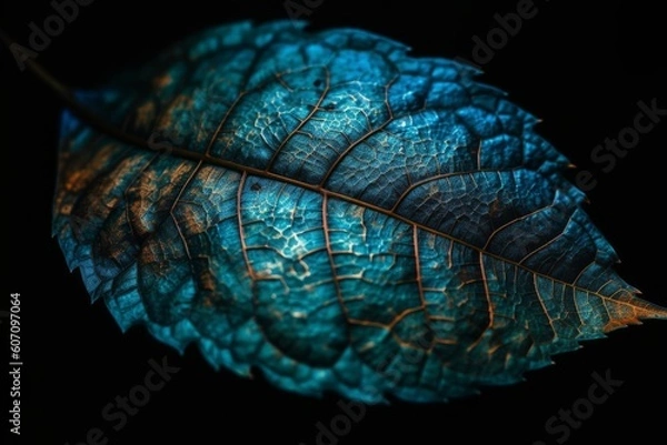 Fototapeta Macro close up of a blue leaf with veins on a black background, generative Ai